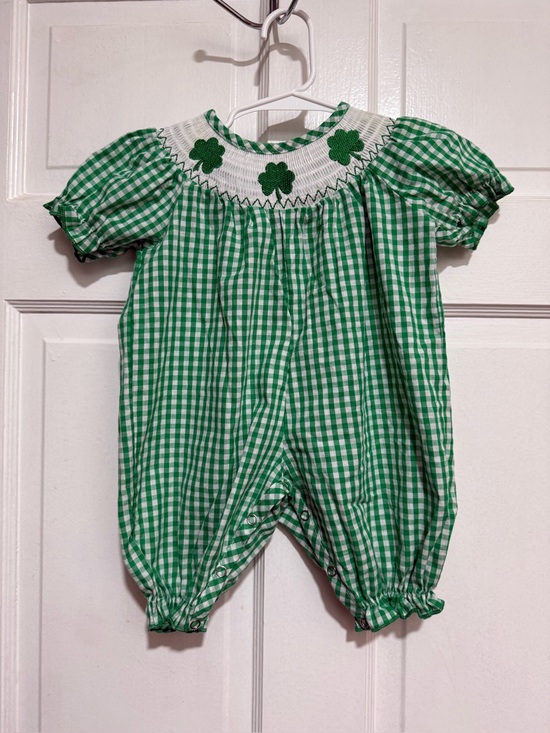 Other - Girls St. Patrick’s Day Romper Jumpsuit Smocked Size 0-6 Months Green Gingham